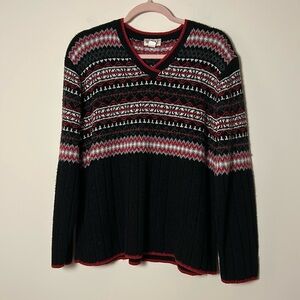 Vintage MKM Red and Black Colorwork V Neck Sweater‎ - Made in USA - Large